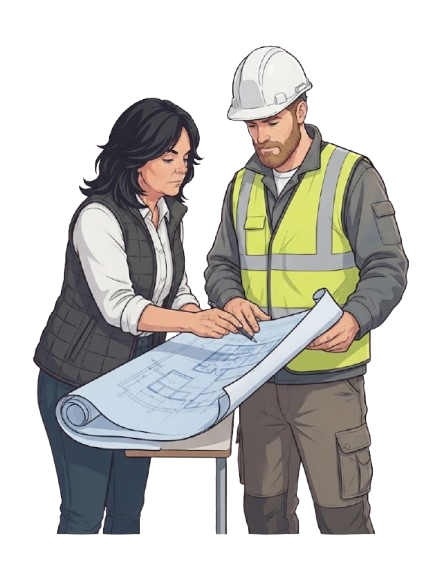 Carina Seoane revisando planos junto a un integrante del equipo de obra